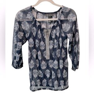 INC XS Top Beaded Navy & White Paisley 3/4 Slvs Blouse Mesh Stretch Nylon NWT